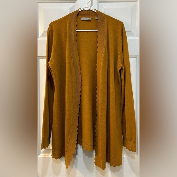 Women's Scalloped Edge Cardigan Sweater Sz L Petite Brown Mustard Fall Festive - Picture 1 of 8